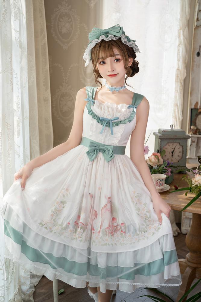 Little World Little Deer Tiered Ruffles Classic Lolita Dress White Jumper Skirt/Full set