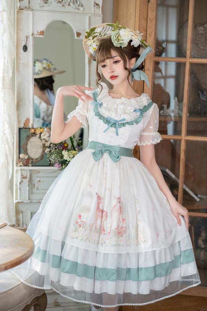Little World Little Deer Tiered Ruffles Classic Lolita Dress White Jumper Skirt/Full set