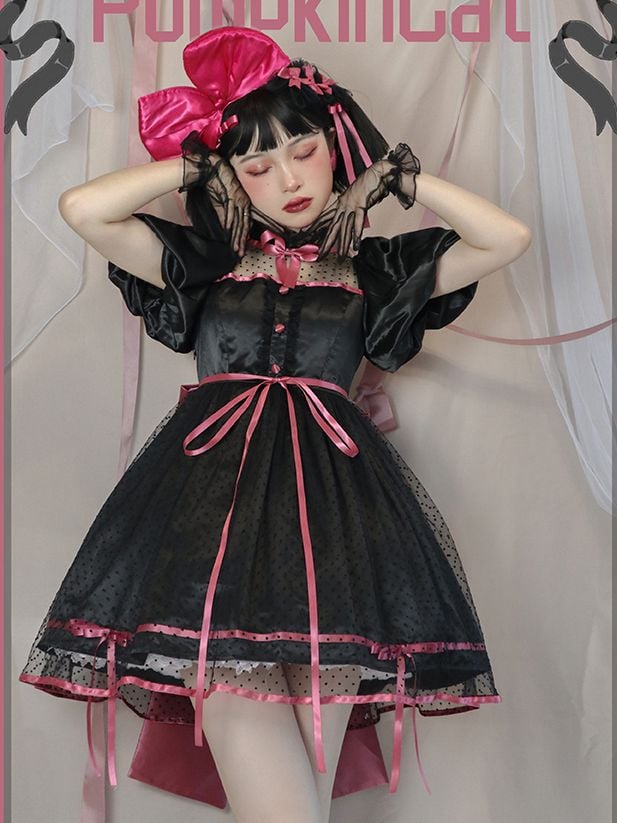 Jewel Heart Ruffle Neckline High Waist Lace-up Closure at Back Short Sleeves One Piece