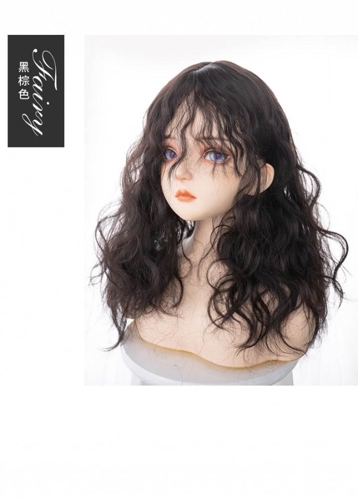 Black-brown Long Wool Curly Synthetic Wig with Bangs