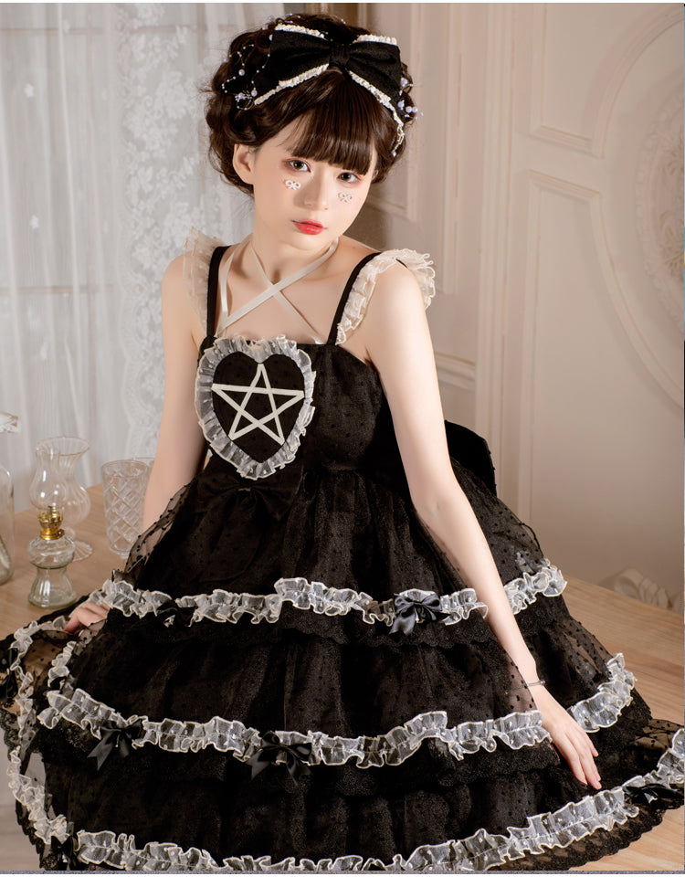 Dumeisha's Star Wish Black Square Neckline Tiered Skirt Sweet Jumper Skirt