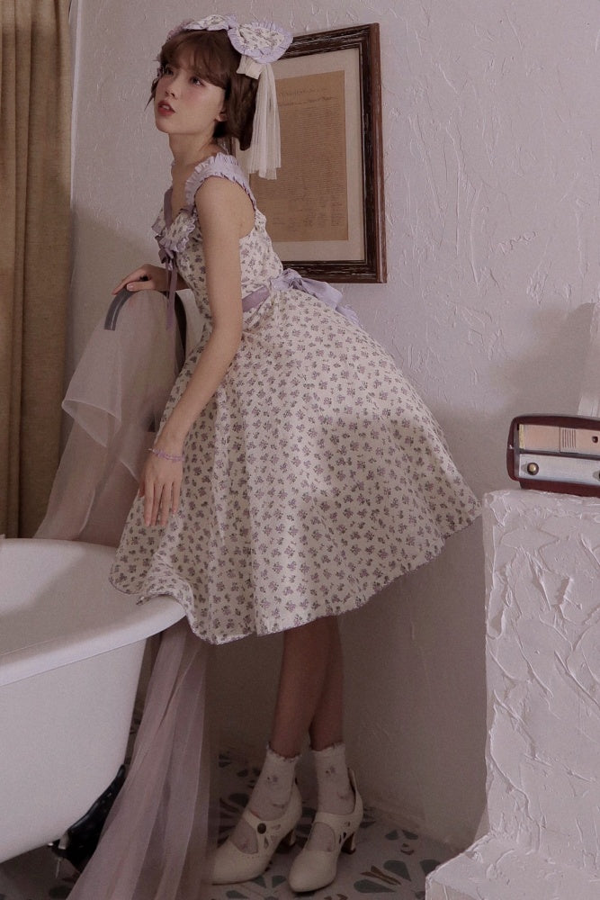 Flipped Purple Floral Print High Waist Elegant Jumper Skirt