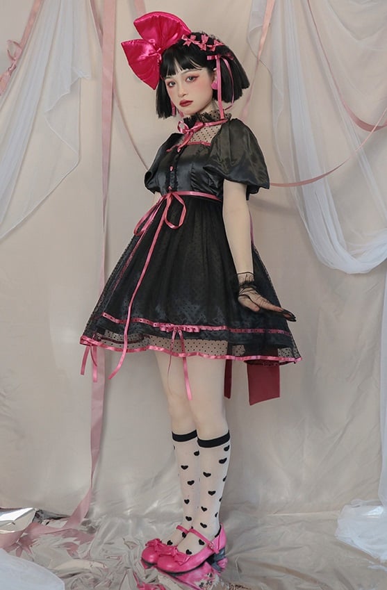 Jewel Heart Ruffle Neckline High Waist Lace-up Closure at Back Short Sleeves One Piece