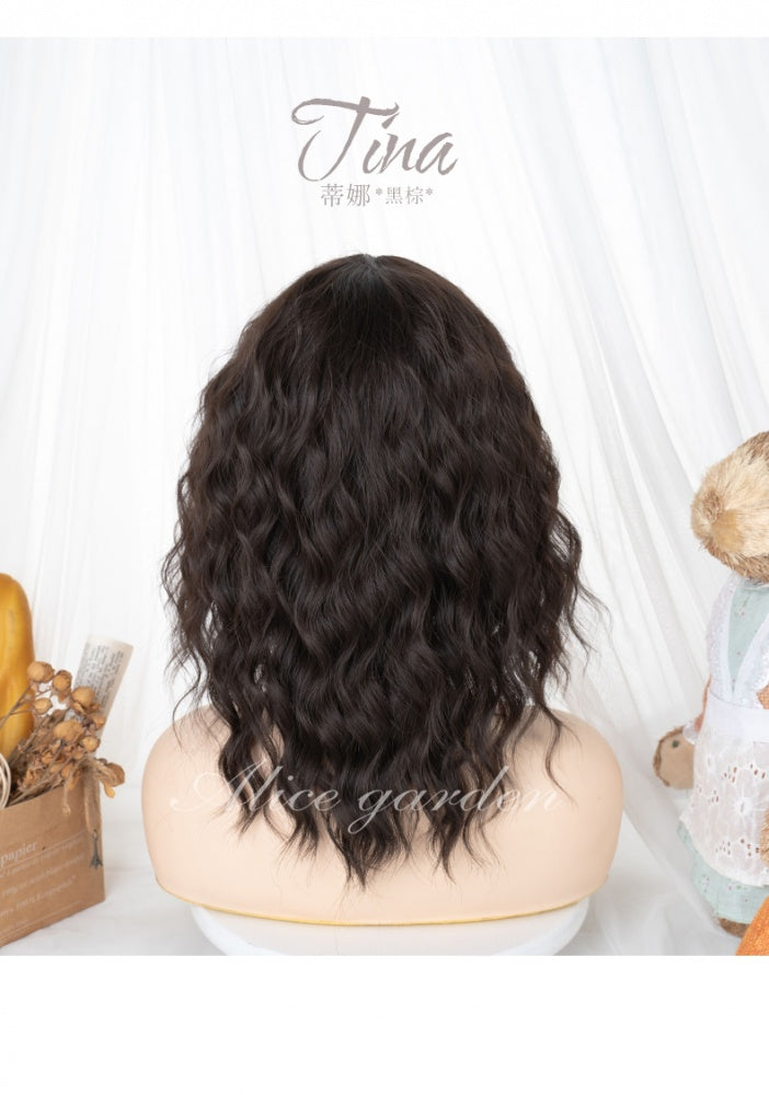 Tina Black-brown Shoulder Length Curly Synthetic Wig with Bangs