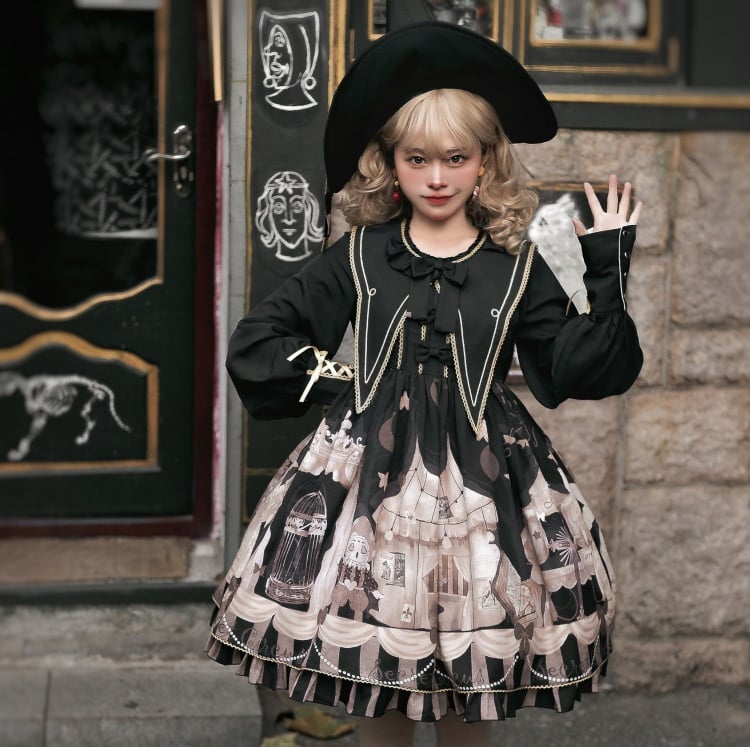 Little Witch Amusement Park Round Neckline Long Sleeves Gothic One Piece