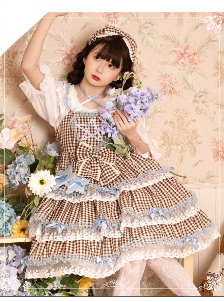 Dumeisha's Star Wish Plaid Square Neckline Halter Sweet Jumper Skirt