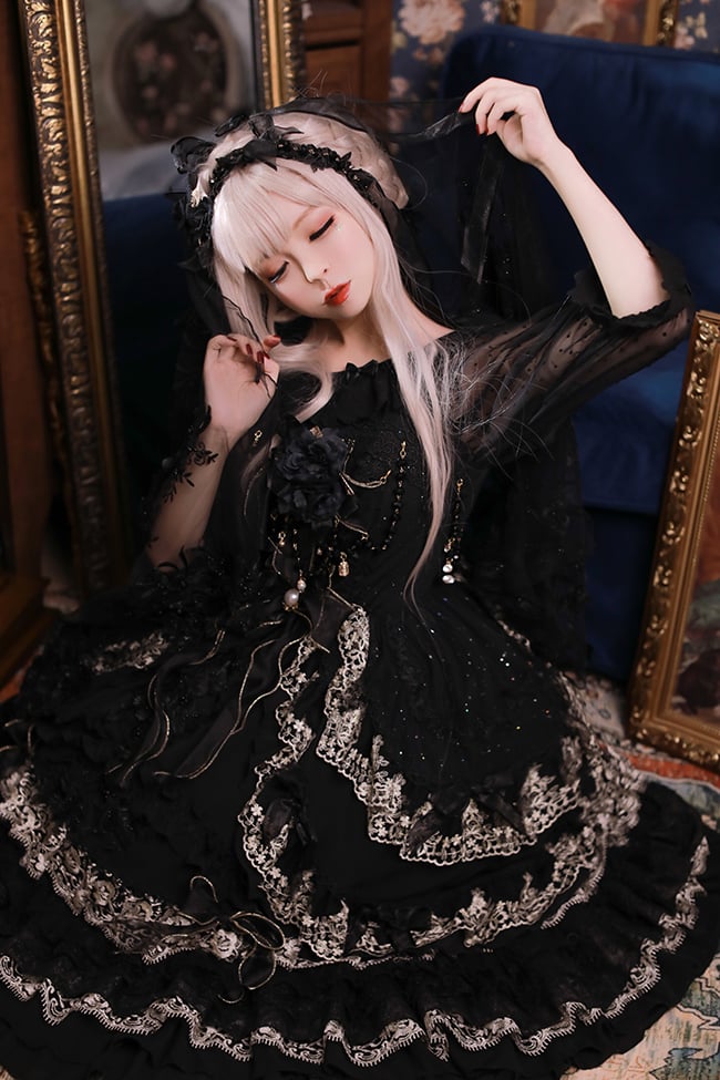 Clearance-Size L for Bust 90-100CM Black Morning Dew Tea Party Dress Jumper Skirt - Sukuroi