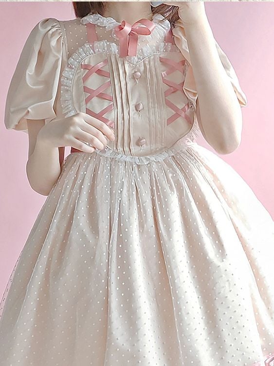 Jewel Heart Ruffle Neckline High Waist Lace-up Closure at Back Short Sleeves One Piece