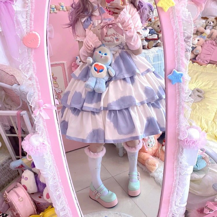 Small Milk Cake 4 Colors Square Neckline Tiered Skirt Sweet Jumper Skirt