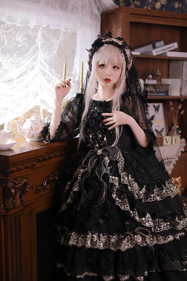 Clearance-Size L for Bust 90-100CM Black Morning Dew Tea Party Dress Jumper Skirt - Sukuroi