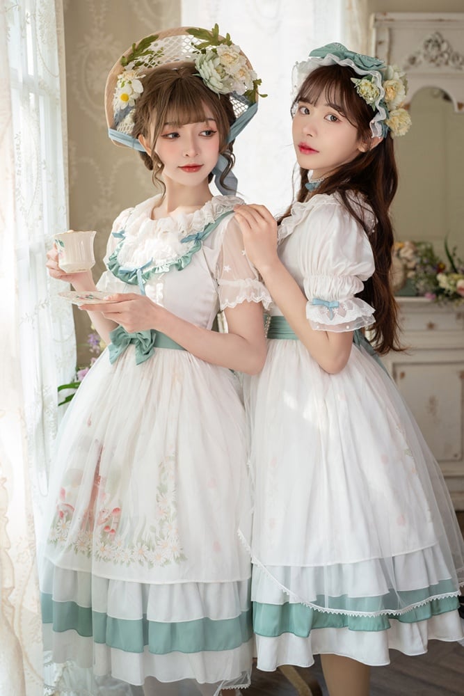 Little World Little Deer Tiered Ruffles Classic Lolita Dress White Jumper Skirt/Full set