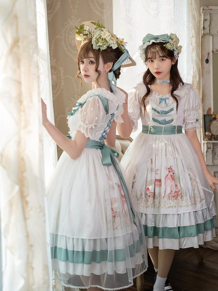 Little World Little Deer Tiered Ruffles Classic Lolita Dress White Jumper Skirt/Full set