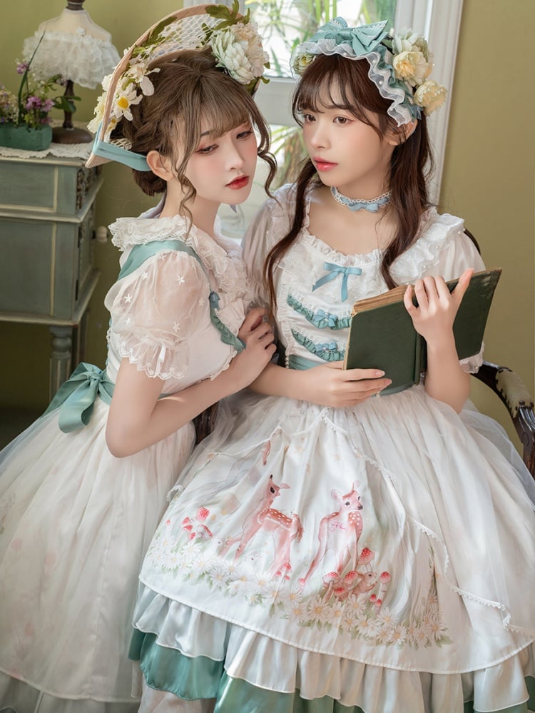Little World Little Deer Tiered Ruffles Classic Lolita Dress White Jumper Skirt/Full set