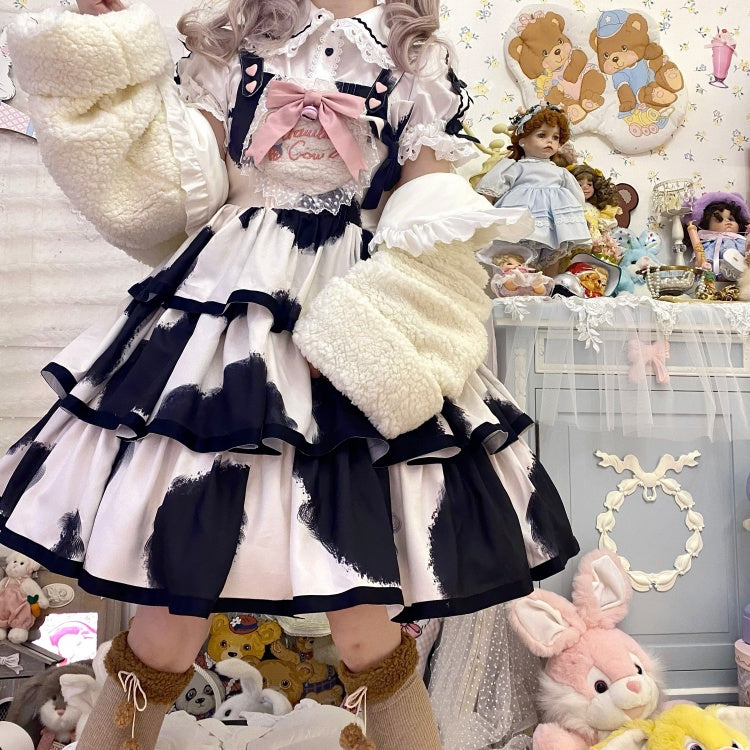 Small Milk Cake 4 Colors Square Neckline Tiered Skirt Sweet Jumper Skirt