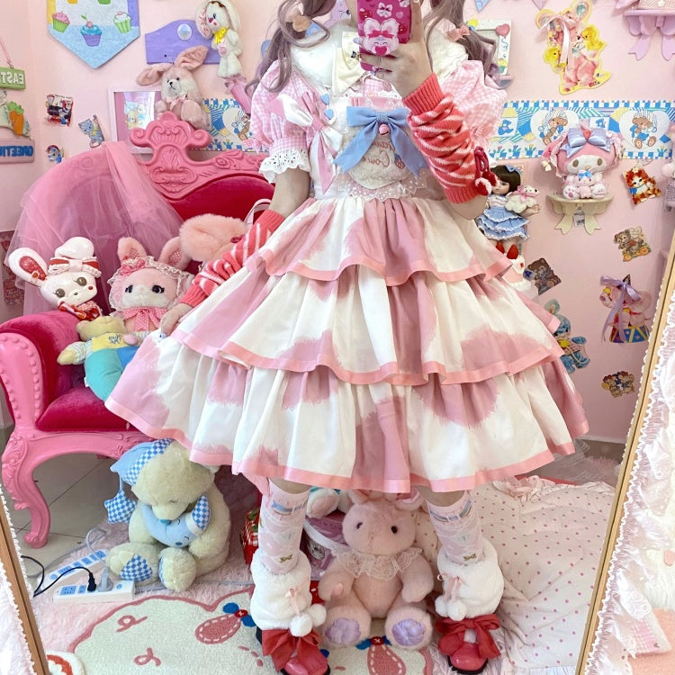 Small Milk Cake 4 Colors Square Neckline Tiered Skirt Sweet Jumper Skirt