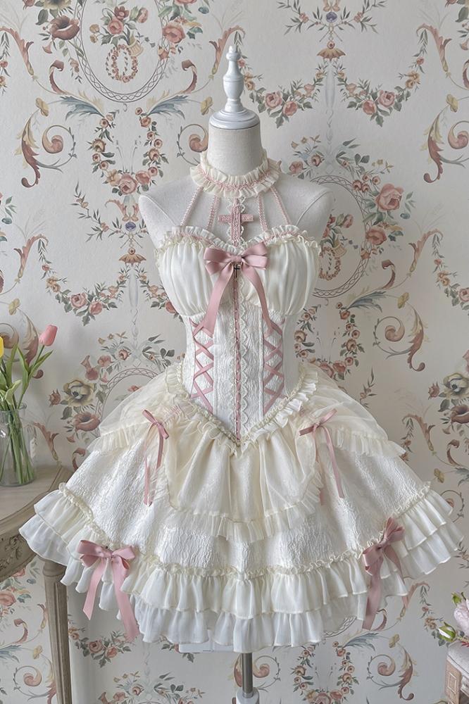 Cross Belle Halter Neckline Slim Bodice Short Skirt Lolita Dress Ivory Jumper Skirt