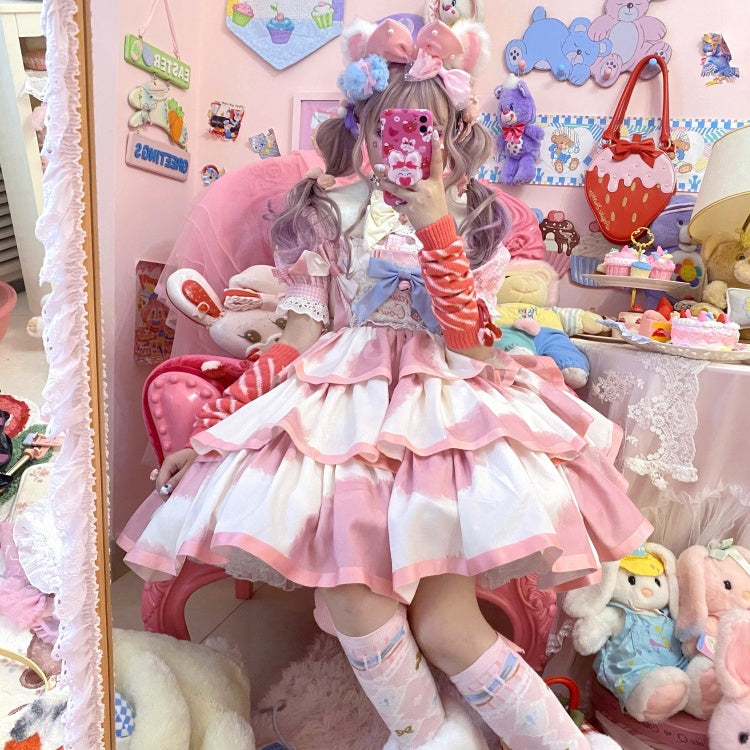 Small Milk Cake 4 Colors Square Neckline Tiered Skirt Sweet Jumper Skirt