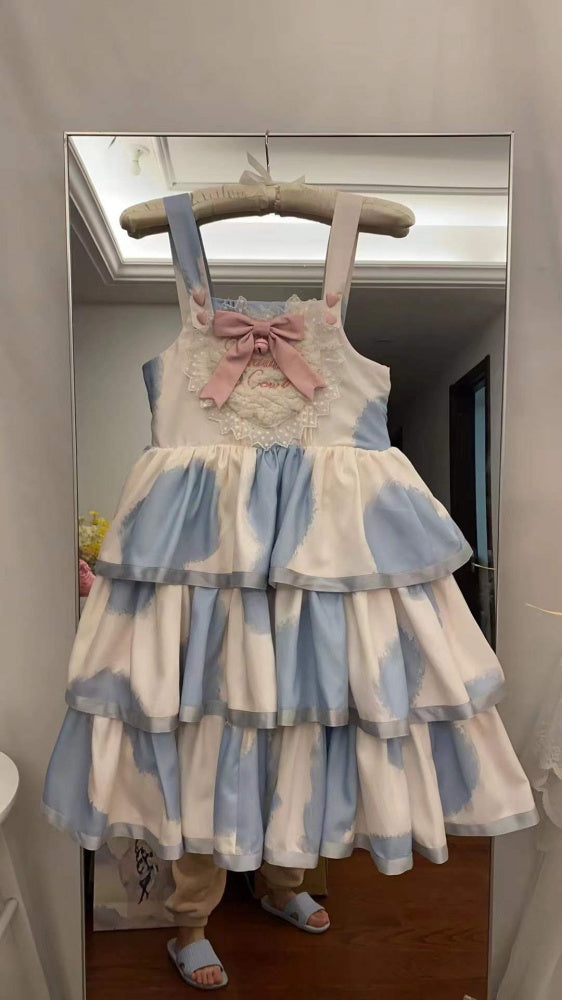 Small Milk Cake 4 Colors Square Neckline Tiered Skirt Sweet Jumper Skirt