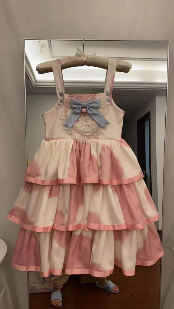 Small Milk Cake 4 Colors Square Neckline Tiered Skirt Sweet Jumper Skirt