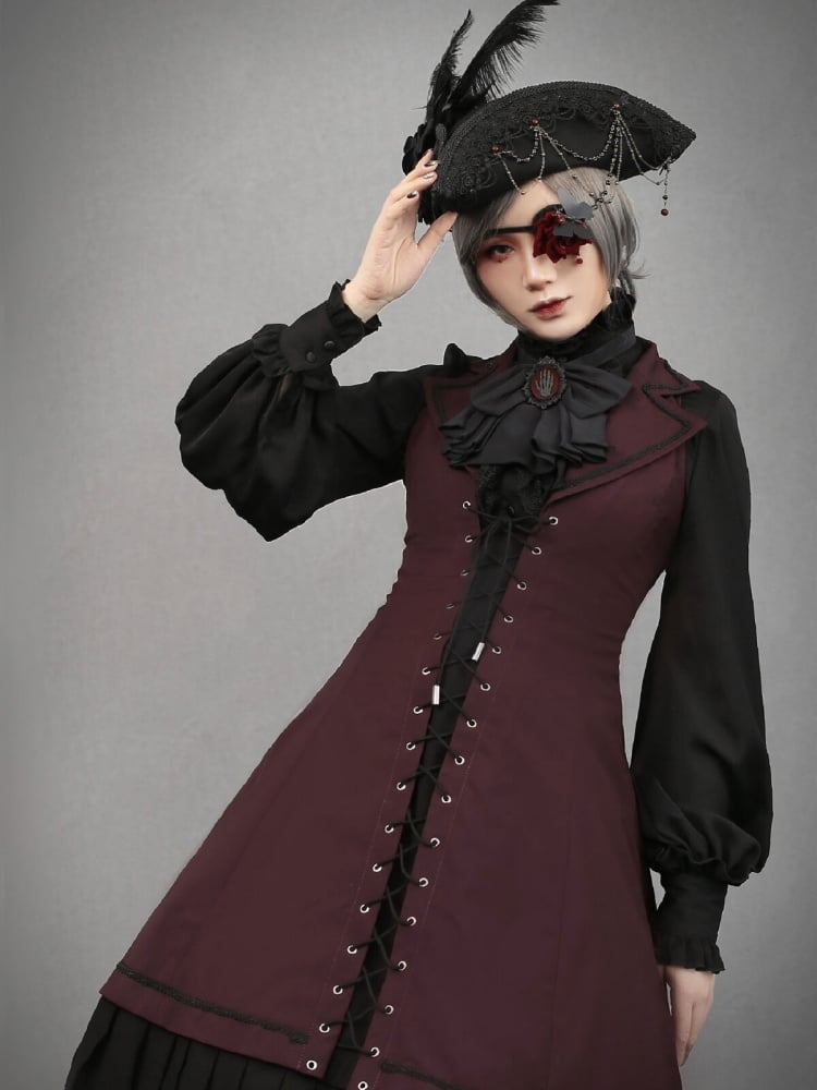 Plus Size Friendly-Dark Red Halter Neck Blazer Collar Jumper Skirt