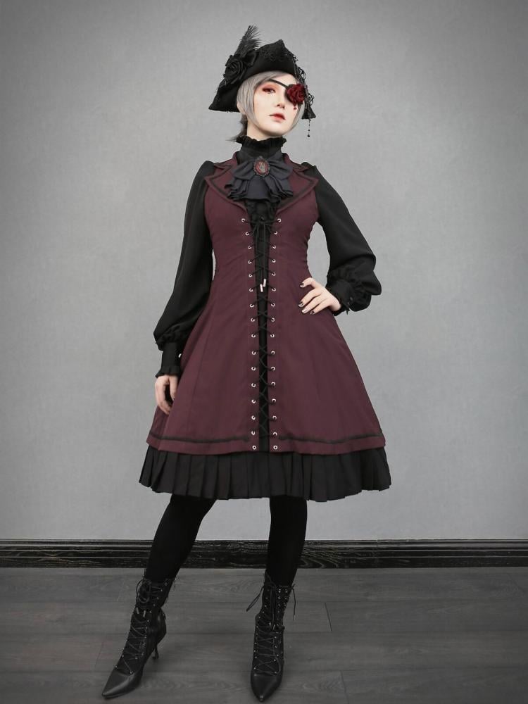 Plus Size Friendly-Dark Red Halter Neck Blazer Collar Jumper Skirt