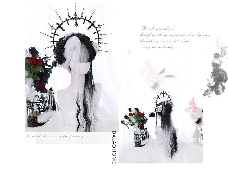 Pride and Greed White and Black Curly Synthetic Wig