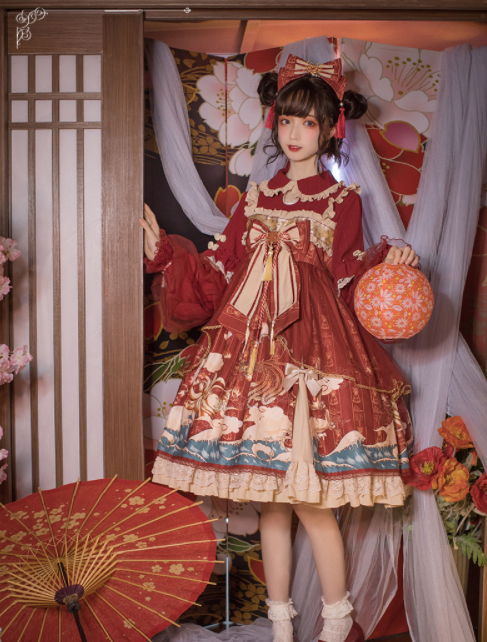 Red Peter Pan Collar Long Sleeves Wa One Piece