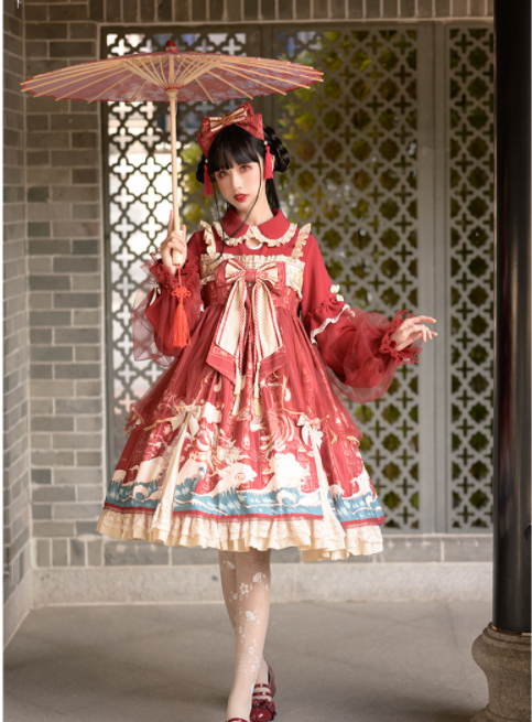 Red Peter Pan Collar Long Sleeves Wa One Piece