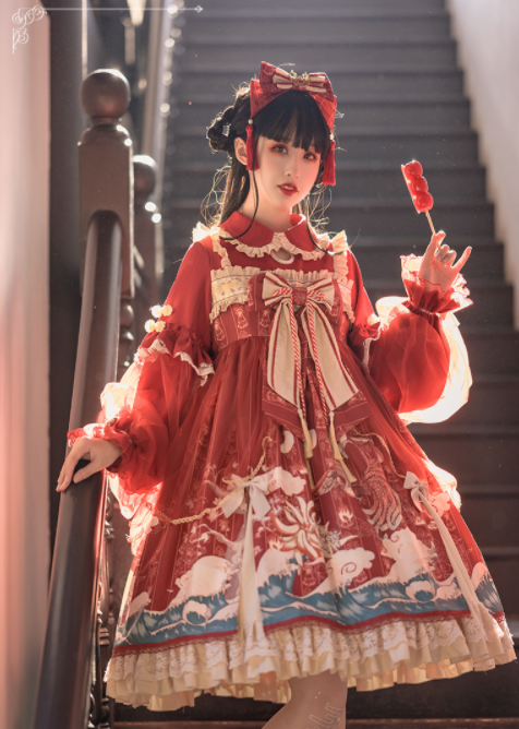 Red Peter Pan Collar Long Sleeves Wa One Piece