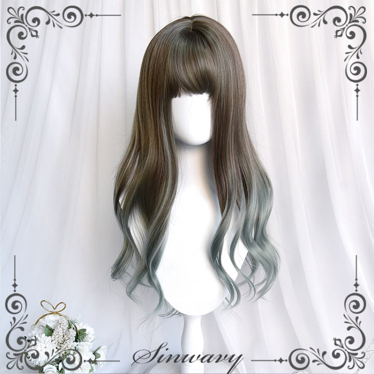 Cang Graident Long Curly Synthetic Wig with Bangs
