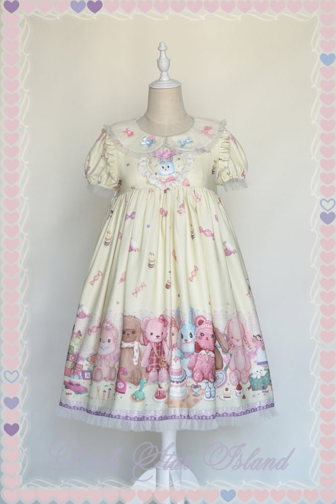 Antique Toy Stores Round Neckline Short Puff Sleeves Print Sweet One Piece