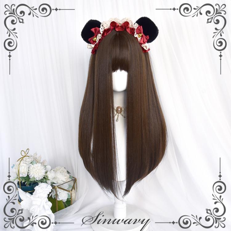 Showa Dark Brown / Pink / Gold Long Straight Synthetic Wig with Bangs