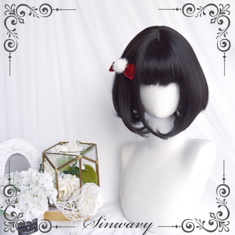 Sea Elf Black / White / Blue Short Inner Buttons Synthetic Wig