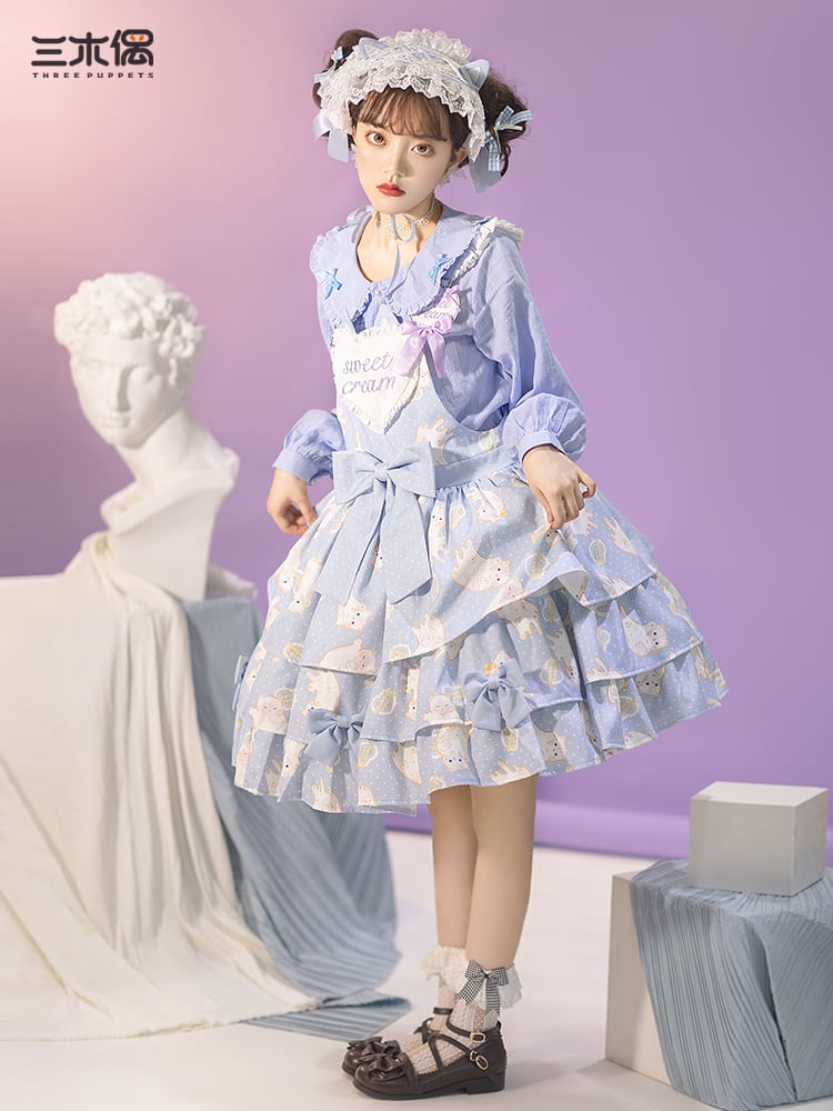 Creamy Meow Heart-shaped Front Tiered Skirt Sweet Jumper Skirt Full Set
