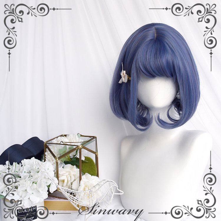 Sea Elf Black / White / Blue Short Inner Buttons Synthetic Wig