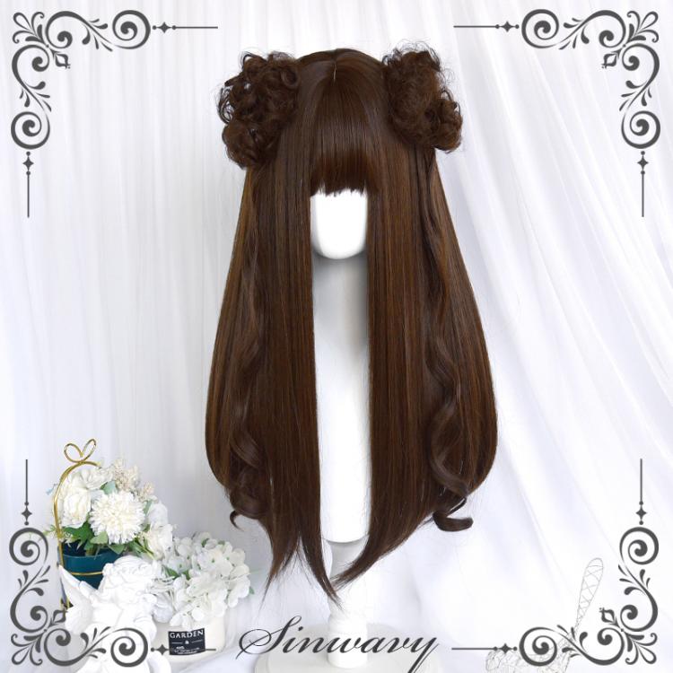 Showa Dark Brown / Pink Long Straight Synthetic Wig and Flower Buds