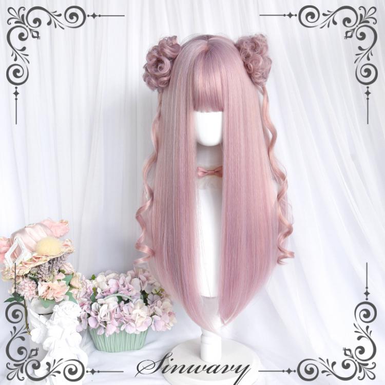 Showa Dark Brown / Pink Long Straight Synthetic Wig and Flower Buds