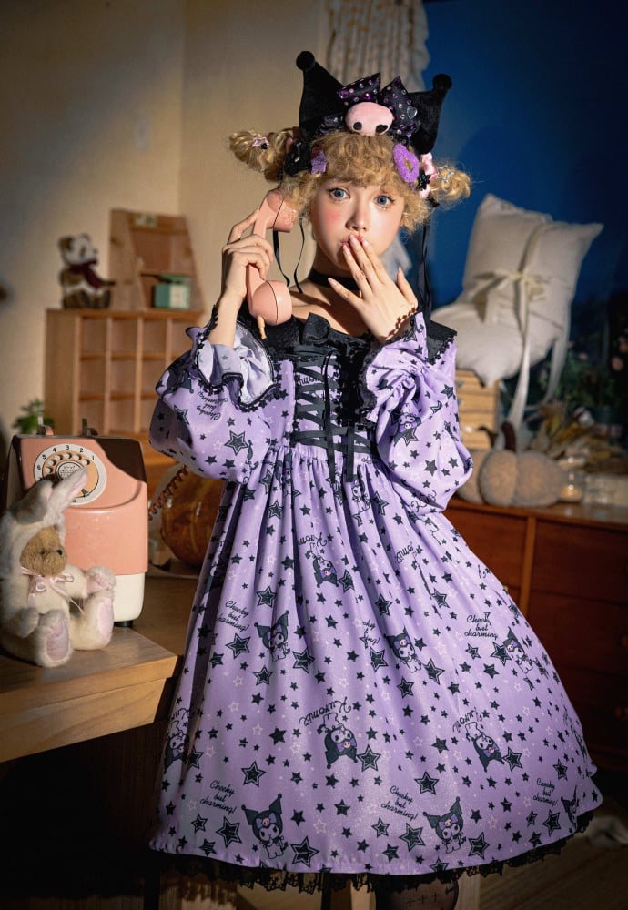 Kuromi and Stars Print Sweet Dress Black and Purple Peter Pan Collar One Piece