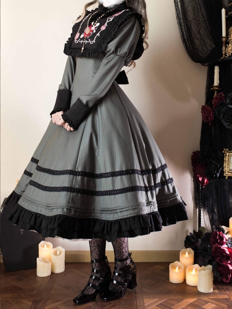 Black and Green Gothic Ruffle Neckline Juliette Sleeves One Piece