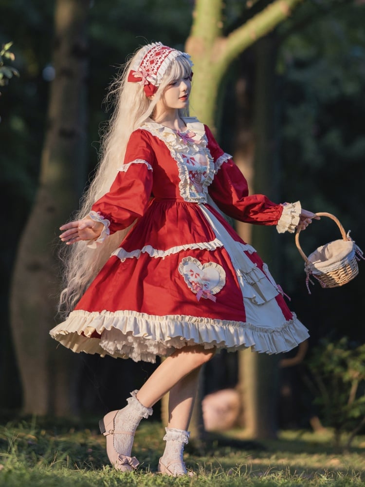 Red Picnic Basket Print Cottagecore Country One Piece - Sukuroi