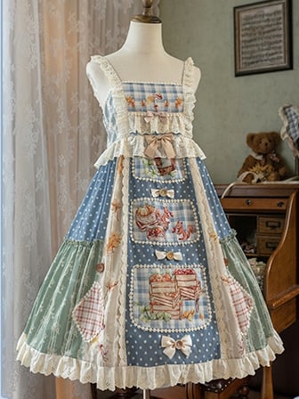 Squirrels Print Patchwork Jumper Skirt Cottagecore Country Dress/Lace Top