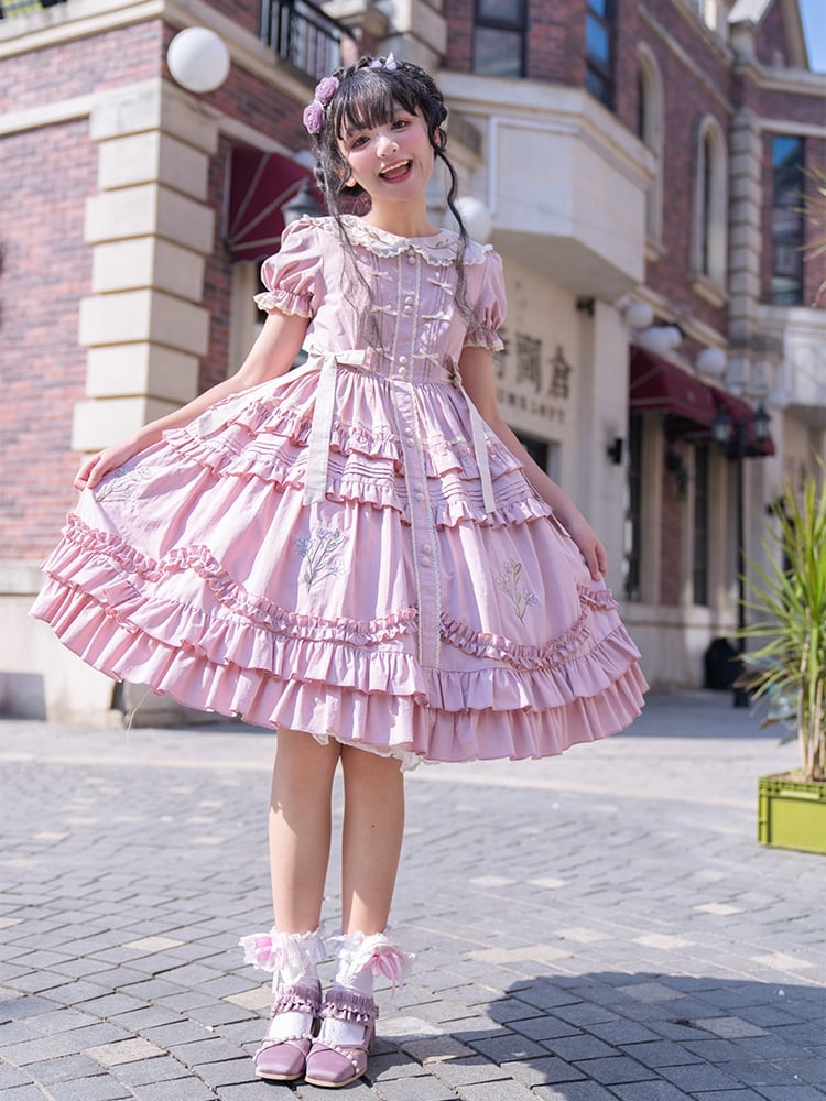 Pink Iris Embroidery Peter Pan Collar Ruffle Hem One Piece - Sukuroi
