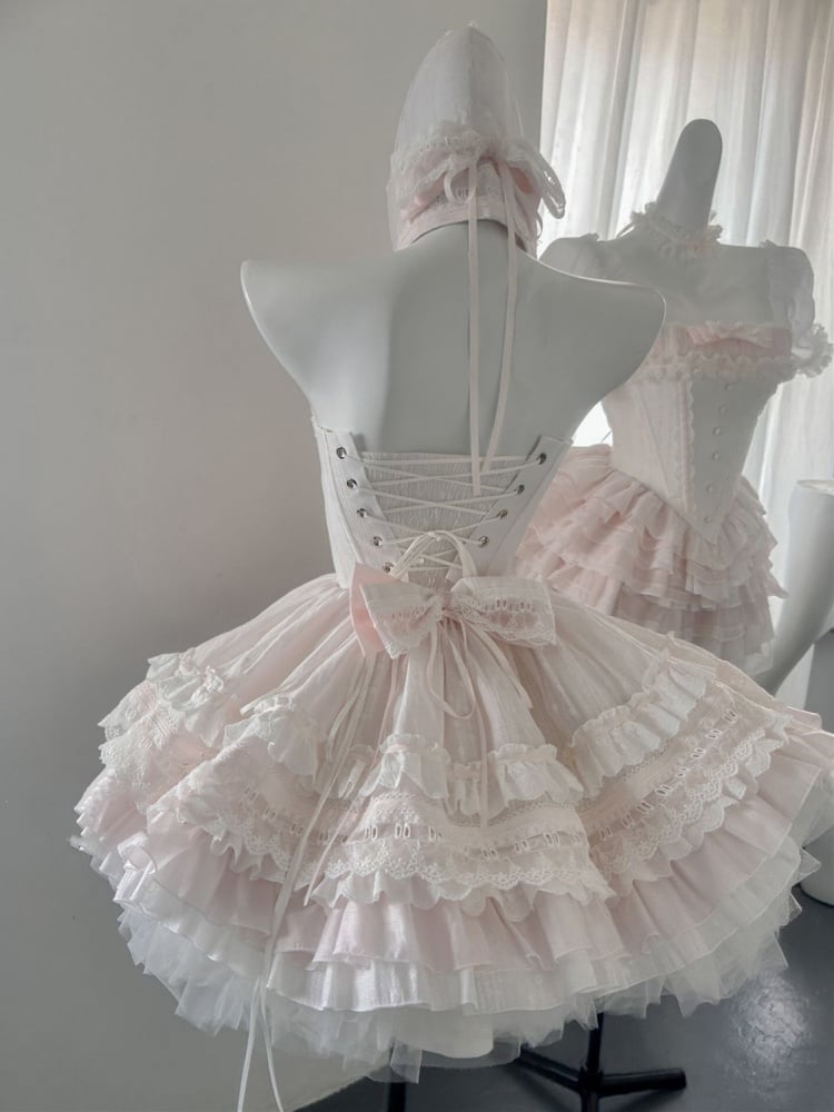 Pink Basque Waist Layered Hem Lace-up Jumper Skirt Set