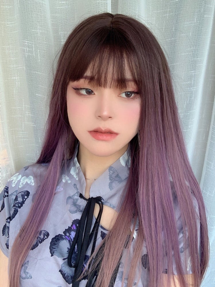 Purple and Pink Ombre Color Long Straight Synthetic Wig