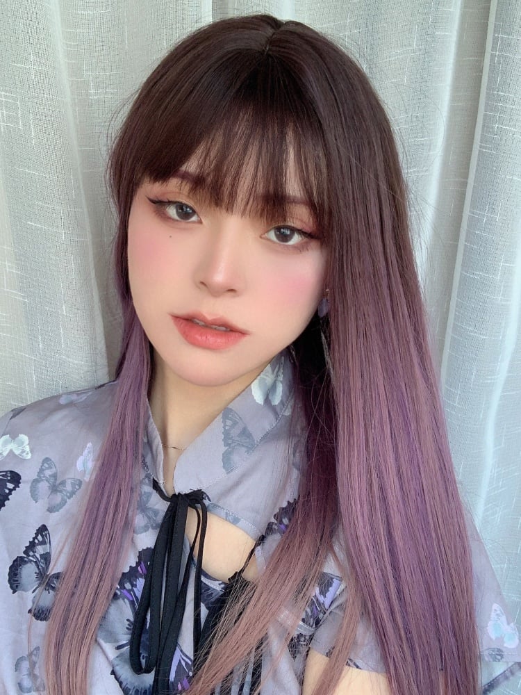 Purple and Pink Ombre Color Long Straight Synthetic Wig