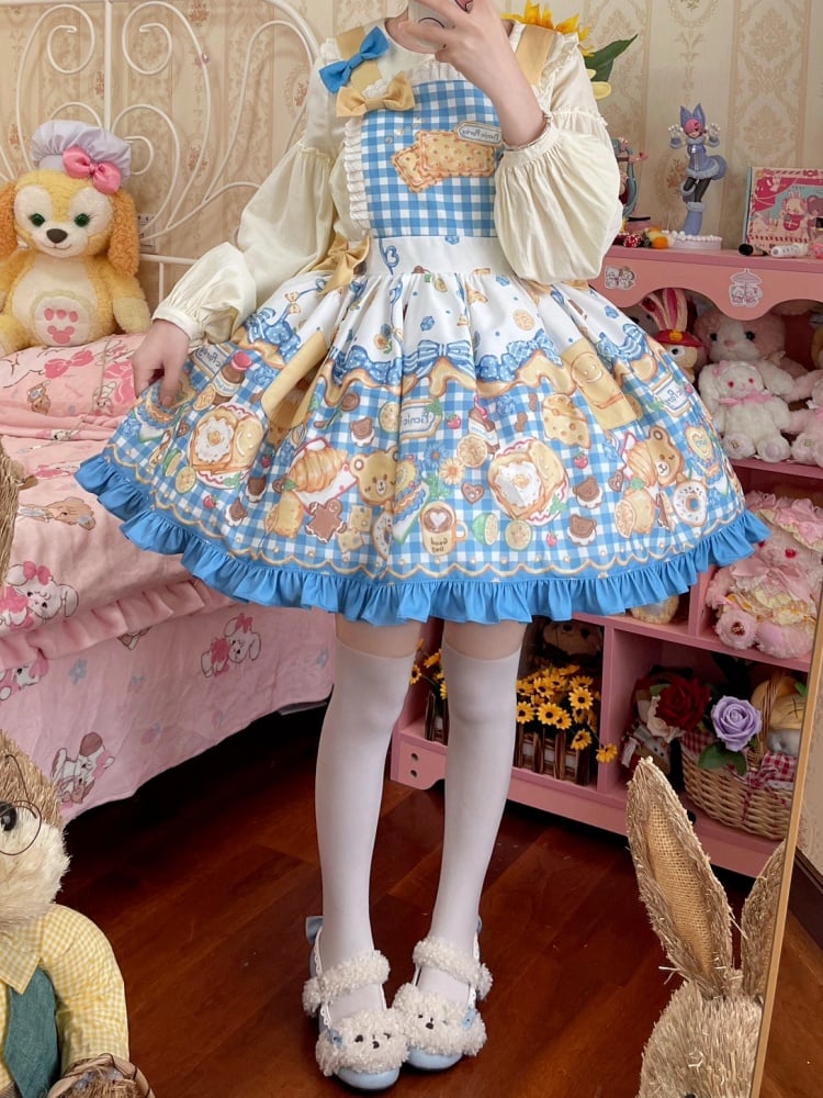 Yellow and Blue Gingham Pattern Sweet Dessert Print Overalls