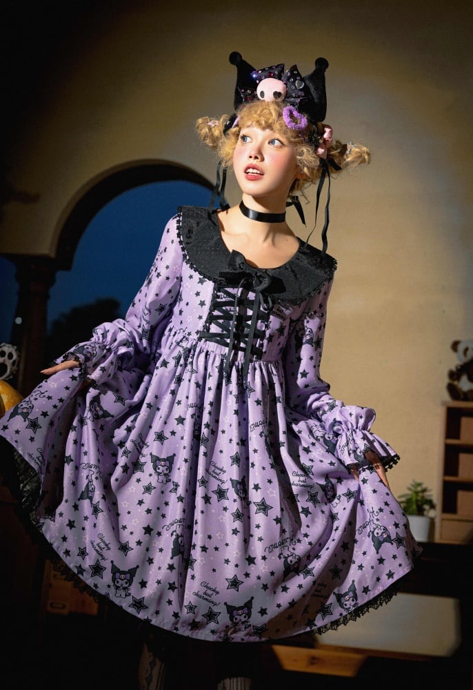 Kuromi and Stars Print Sweet Dress Black and Purple Peter Pan Collar One Piece