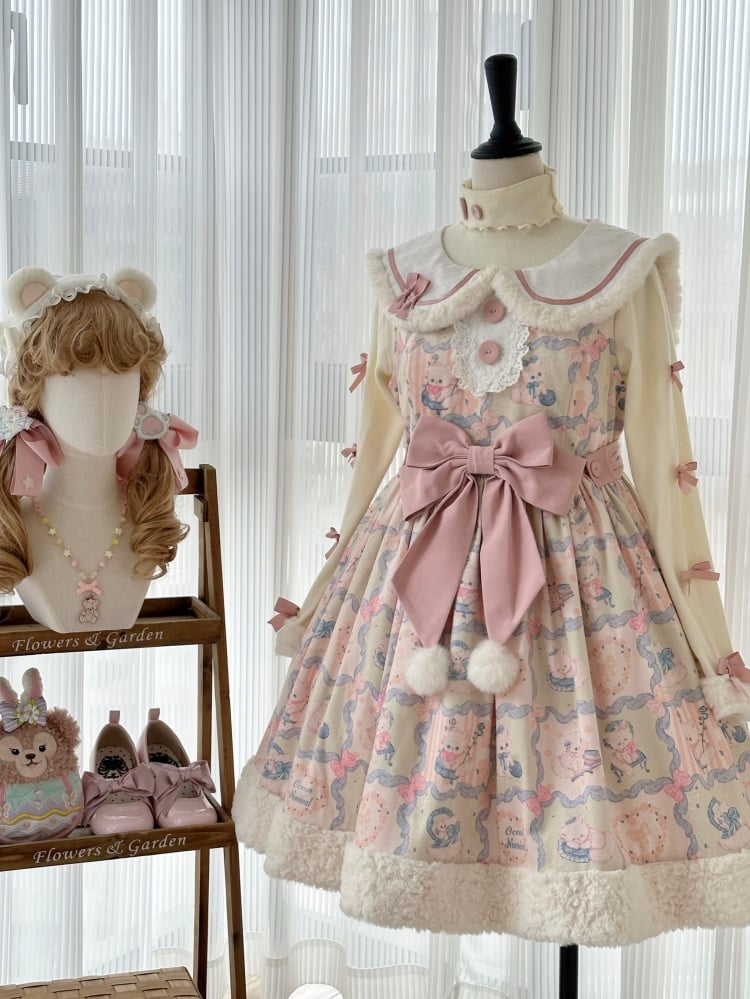 Kitty Print Sweet Pink and Green Winter Jumper Skirt - Sukuroi