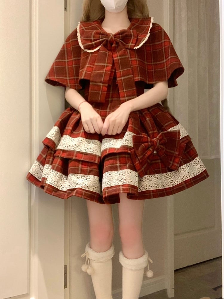 New Year Red Plaid Pattern Jumper Skirt + Cape + Beret - Sukuroi
