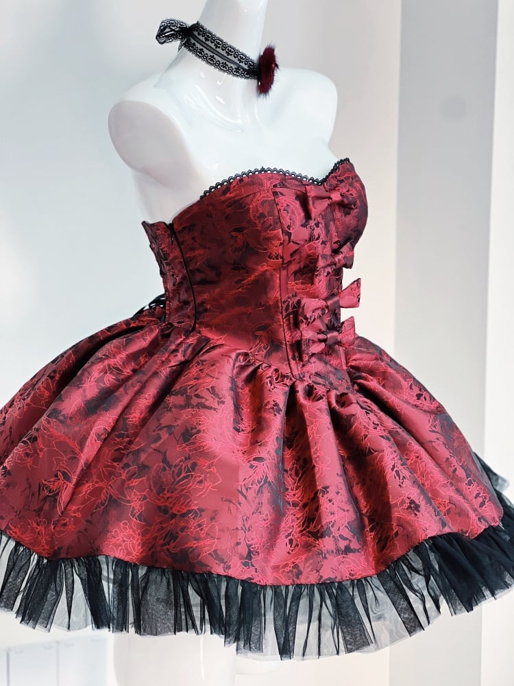 Rosette Print Black and Red Strapless Basque Waist Short Dress